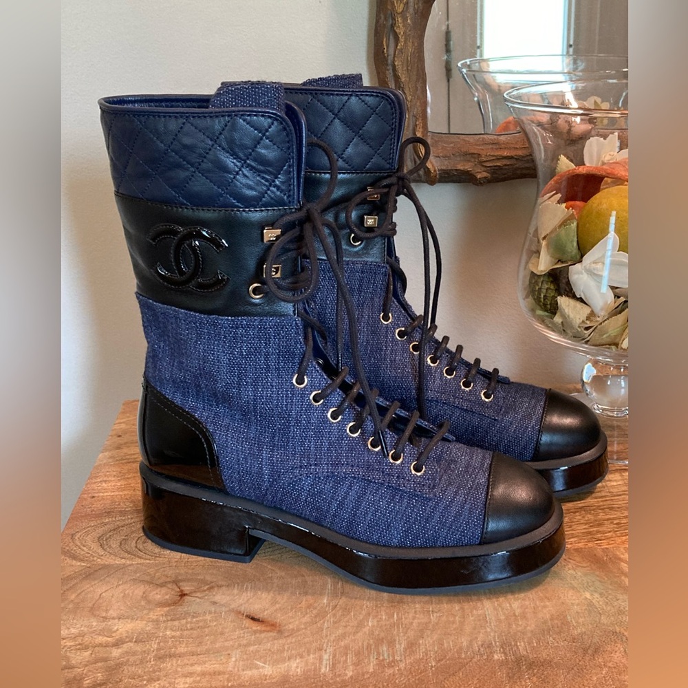 Chanel Denim and Lambskin Quilted CC Lace Up Combat Boots size 38.5